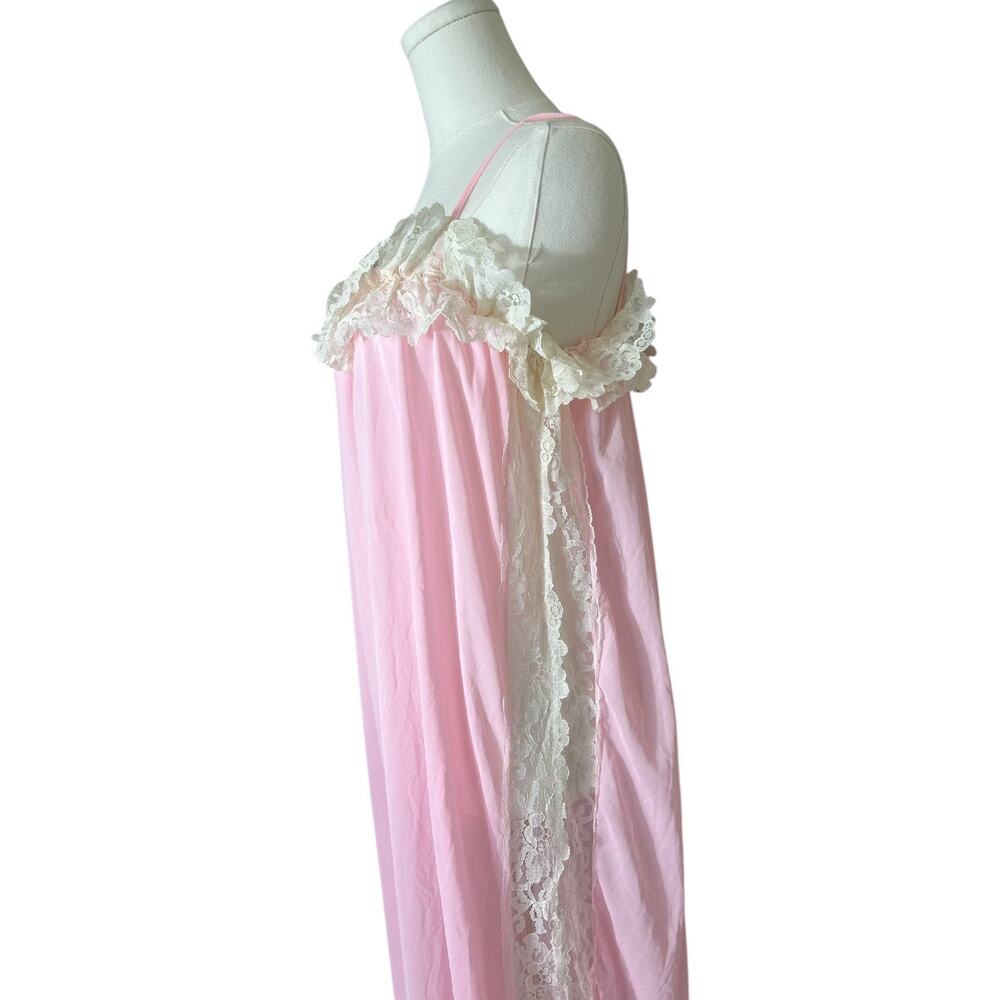 Vintage nightgown Pink Nylon Lace-Trim- Cottagecore, Coquette, FairyCore (M) 145